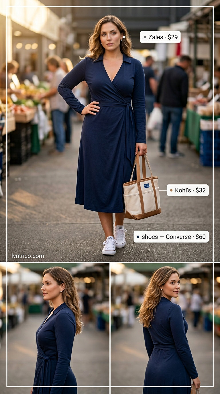 Navy blue midi wrap dress outfits 2026 for everyday errands with white sneakers and a tan tote.
