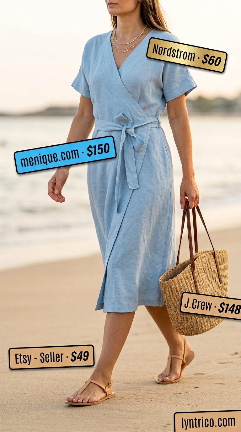Beach summer midi wrap dress outfits 2026: Sky blue dress with straw tote and flat sandals for vacation.