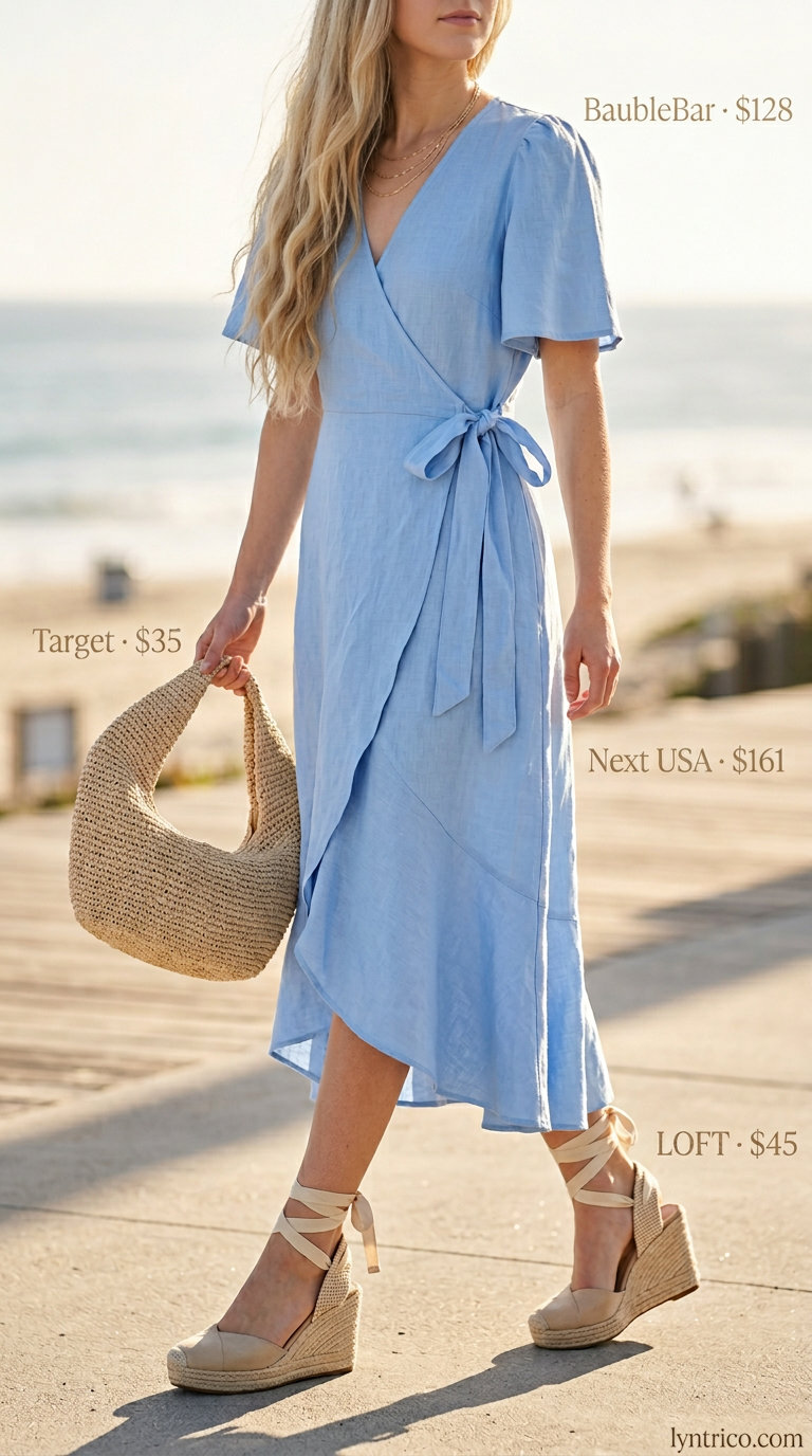 Coastal summer midi wrap dress outfits 2026: Sky blue linen dress with straw tote and wedge espadrilles.