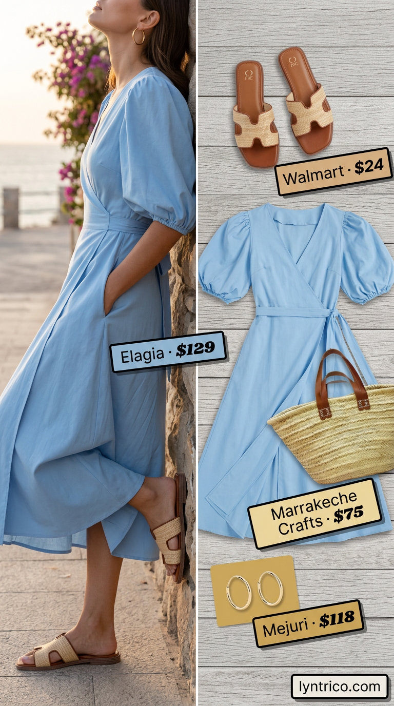 Sky blue midi wrap dress outfits 2026 for coastal vibes with straw tote and slide sandals.