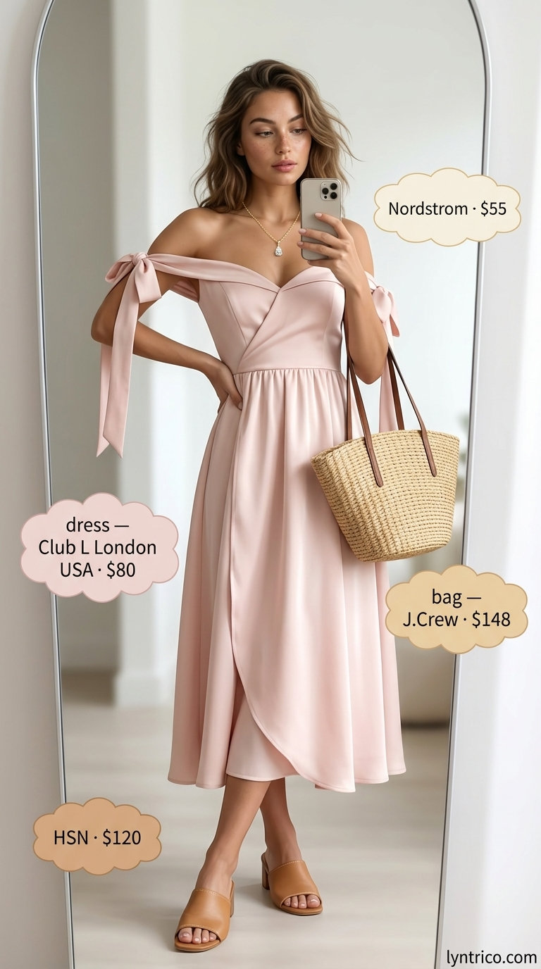 Light blush pink midi wrap dress outfits 2026 for daytime chic with block heels and straw tote.
