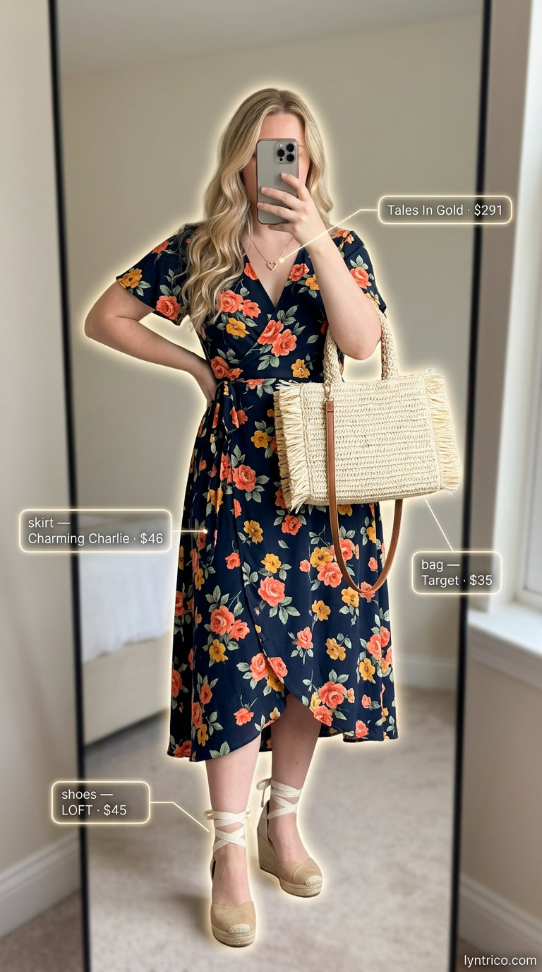 Floral midi wrap dress outfits 2026 for garden parties with espadrilles and woven crossbody.
