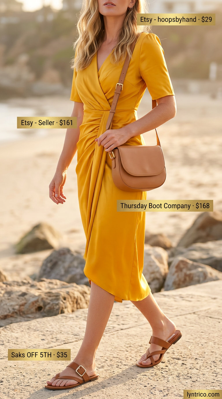 Casual summer midi wrap dress outfits 2026: Mustard yellow dress with flat slides and crossbody bag.