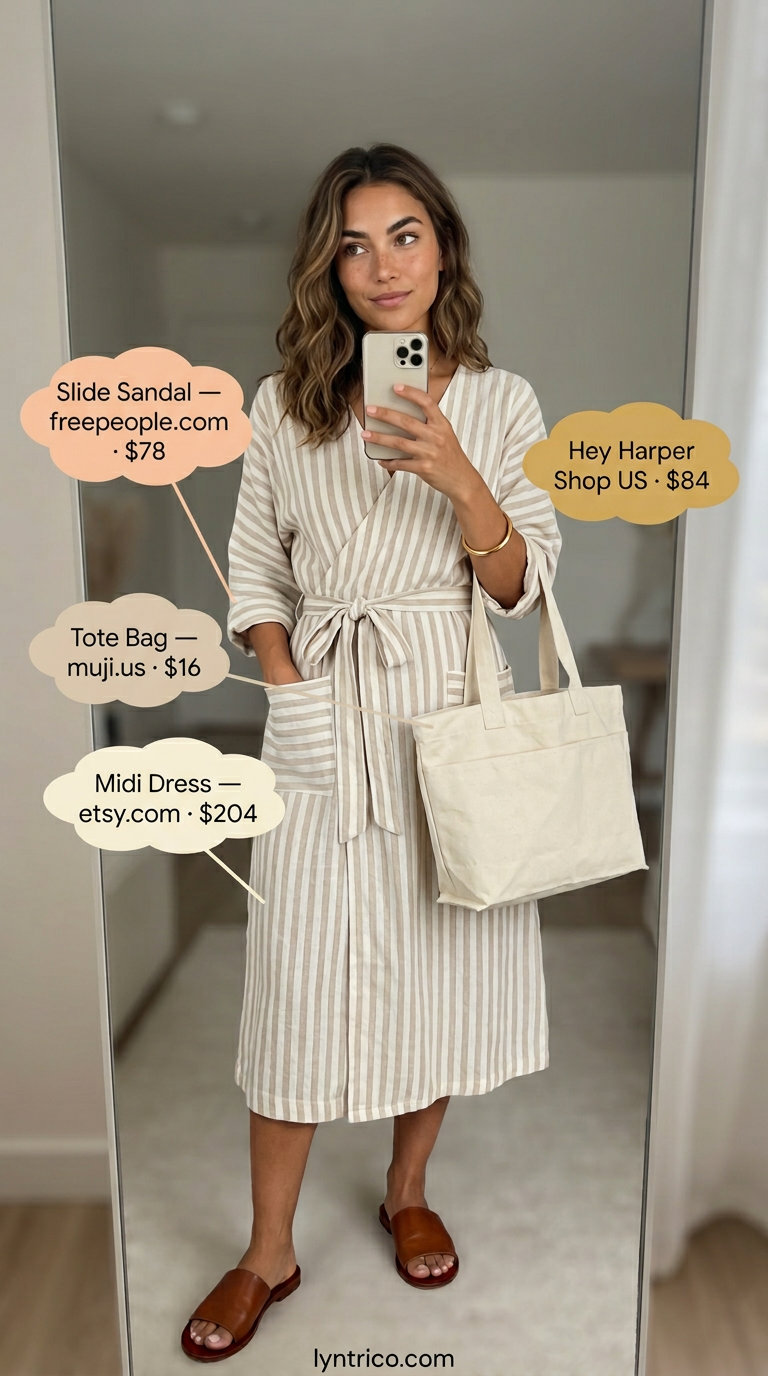 Linen summer midi wrap dress outfits 2026: Beige linen dress with leather slides and canvas tote.