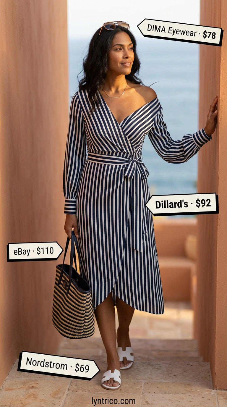 Navy and white stripe midi wrap dress outfits 2026 for vacation with straw tote and aviators.