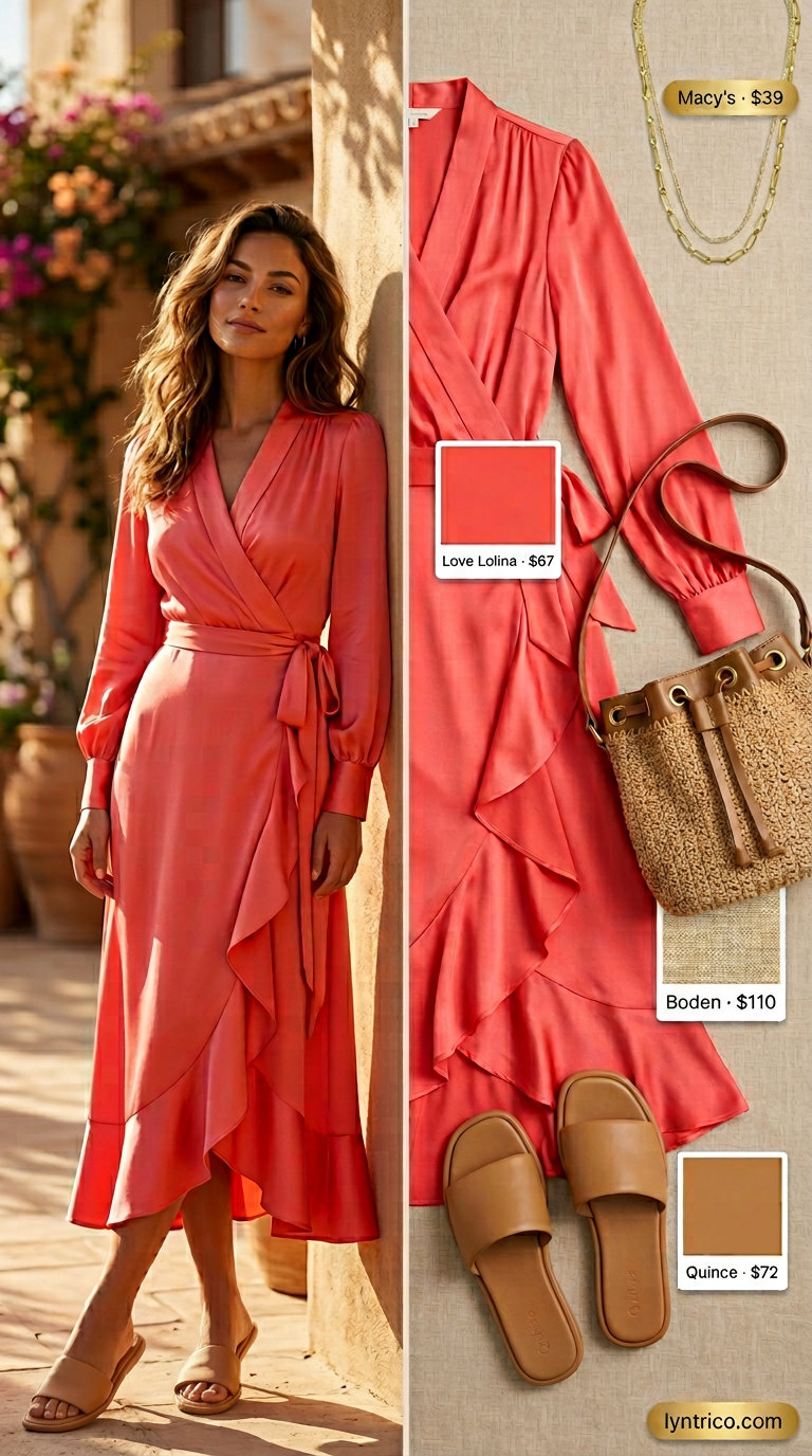 Coral midi wrap dress outfits 2026 for Mediterranean sunsets with layered necklaces and bucket bag.