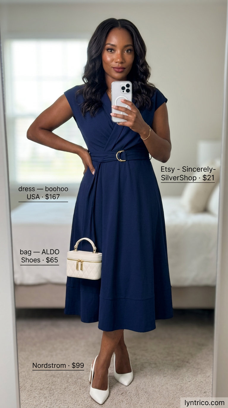 Navy blue midi wrap dress for modern minimalist business casual outfits in 2026.