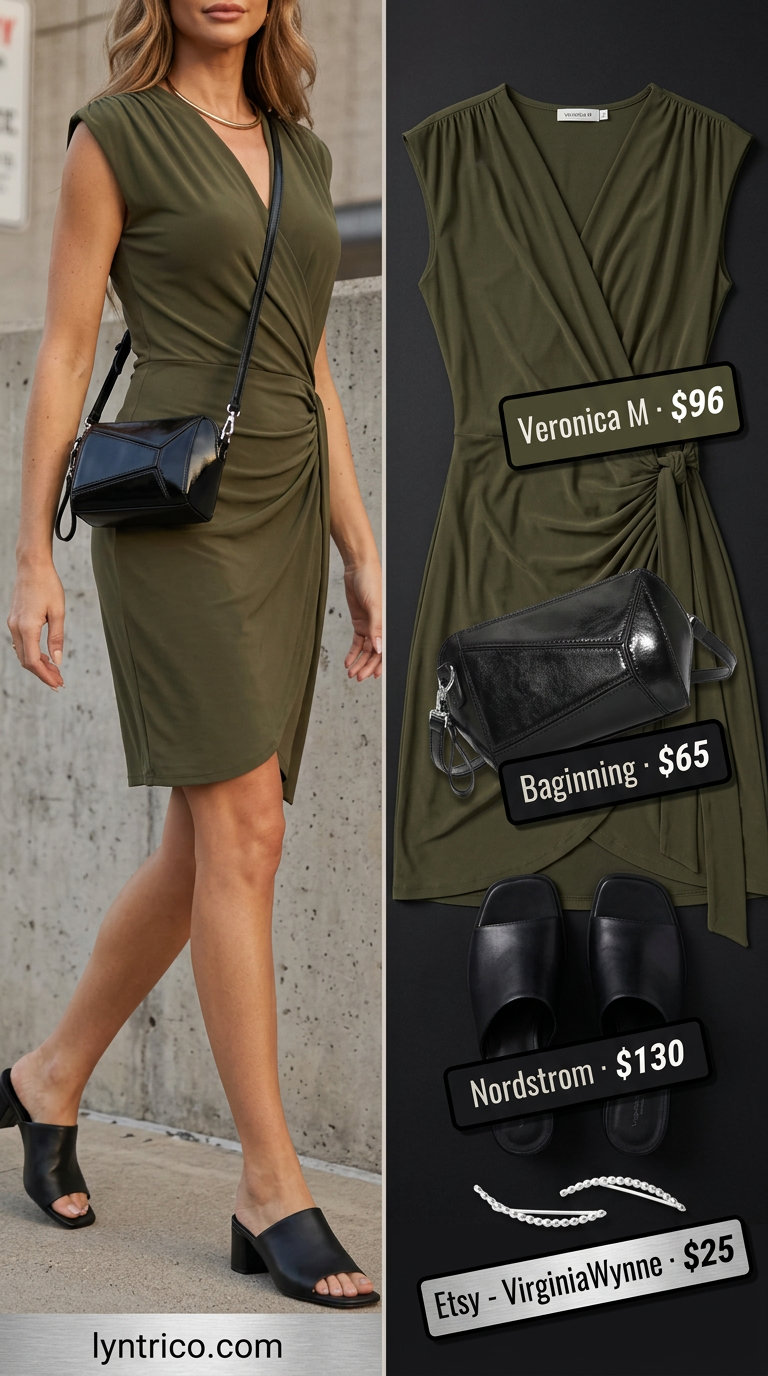 Olive green midi wrap dress outfits 2026 for modern minimalist style with block heels and ear crawlers.
