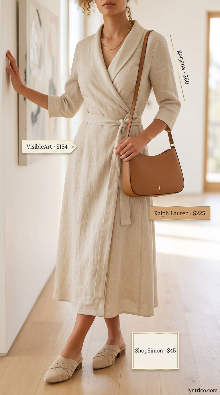 Beige linen midi wrap dress for sophisticated daytime outfits 2026.