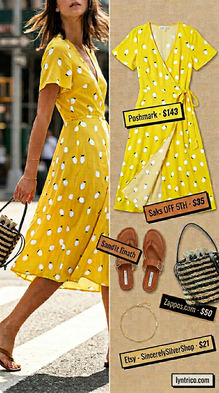 Bright yellow midi wrap dress outfits 2026 for playful summer days with flat sandals and crossbody.