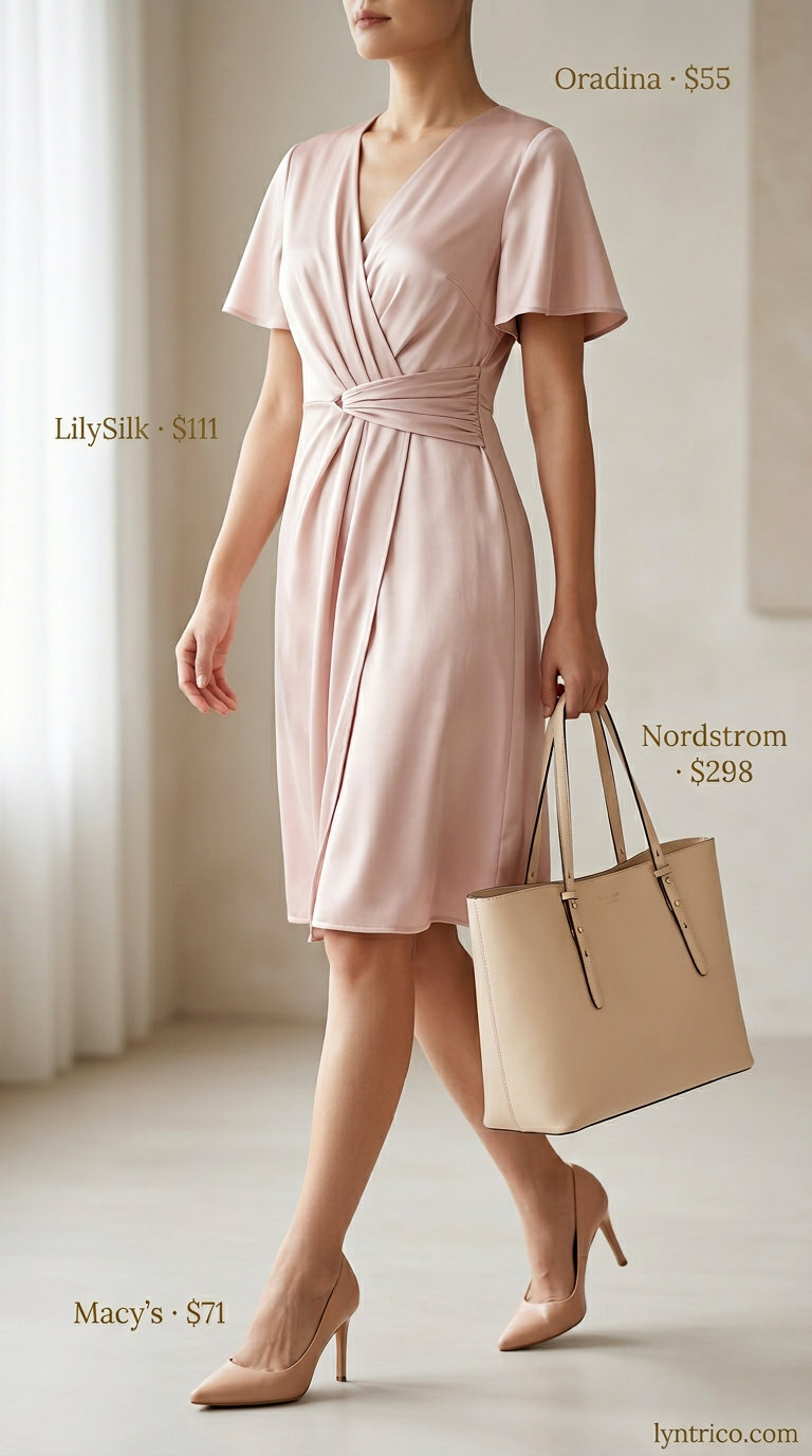 Blush pink midi wrap dress outfits 2026 for professional settings with nude heels and structured tote.