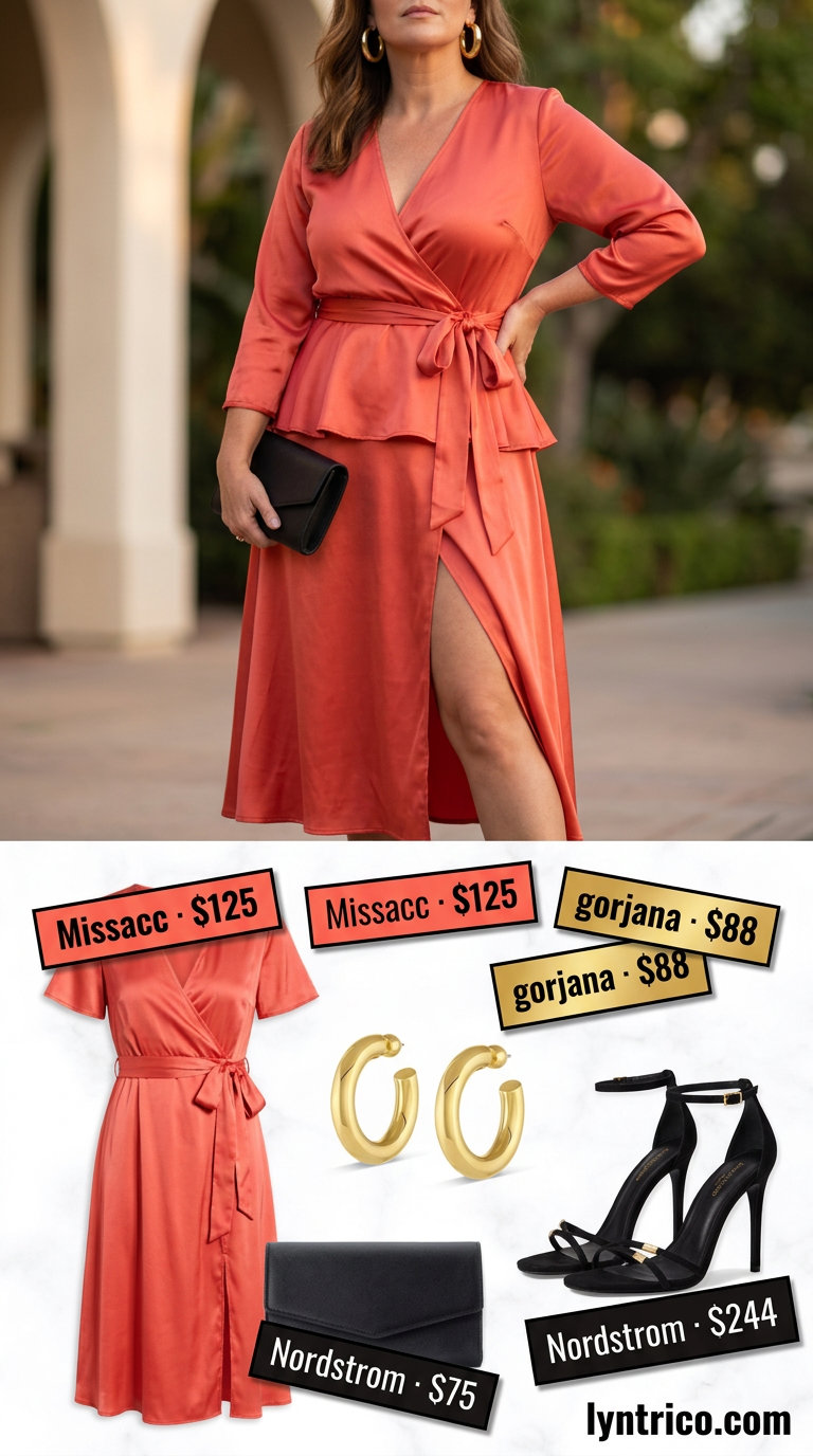 Evening summer midi wrap dress outfits 2026: Coral satin dress with strappy heels and clutch for date night.