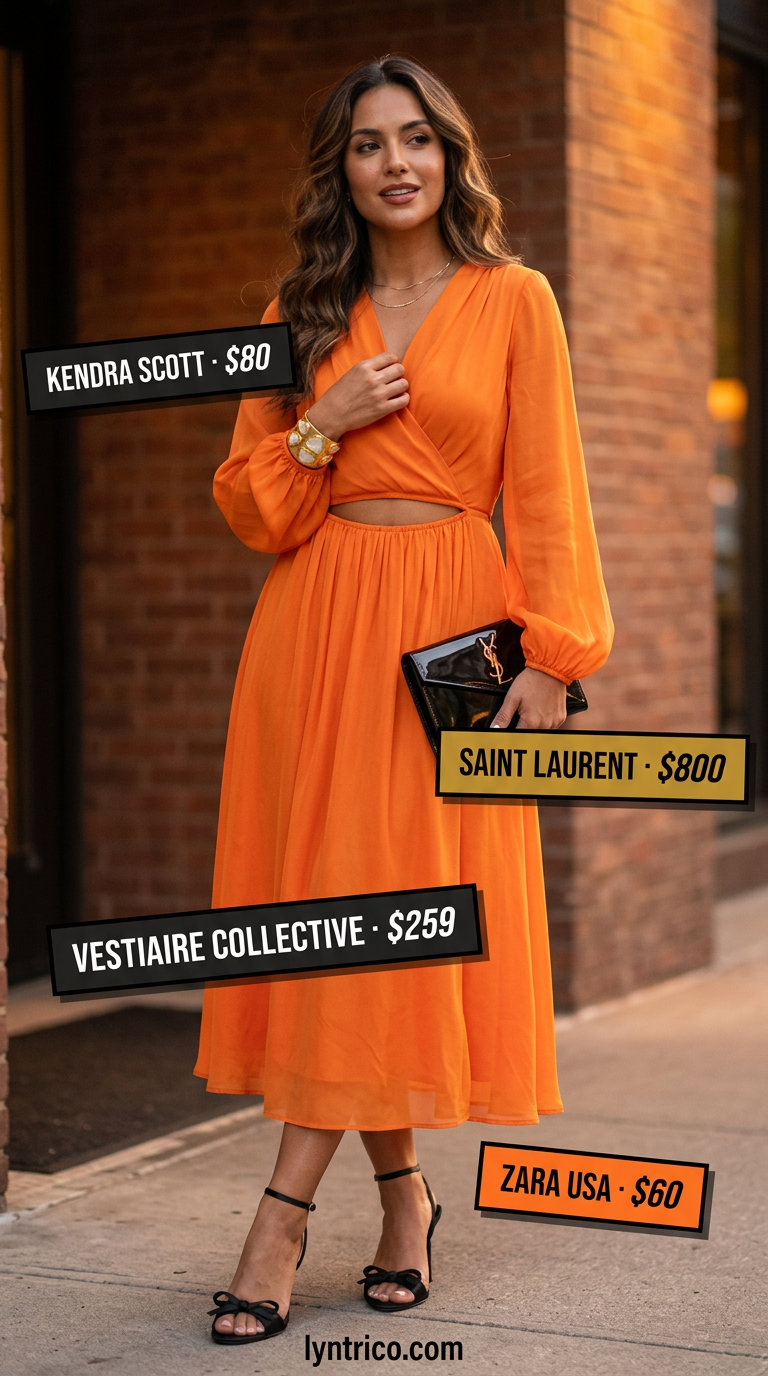 Mango orange silk midi wrap dress for chic summer evening outfits 2026.