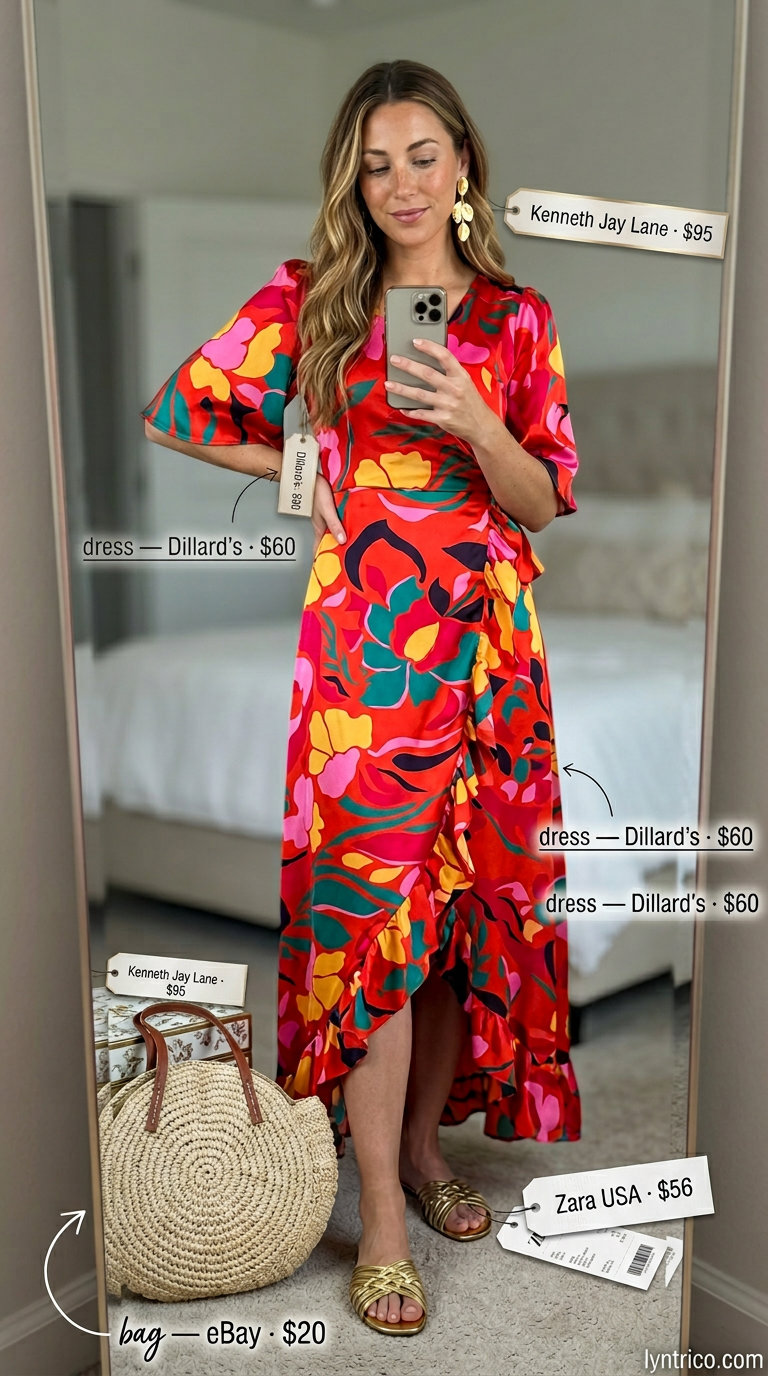 Tropical print midi wrap dress for glamorous summer vacation outfits 2026.