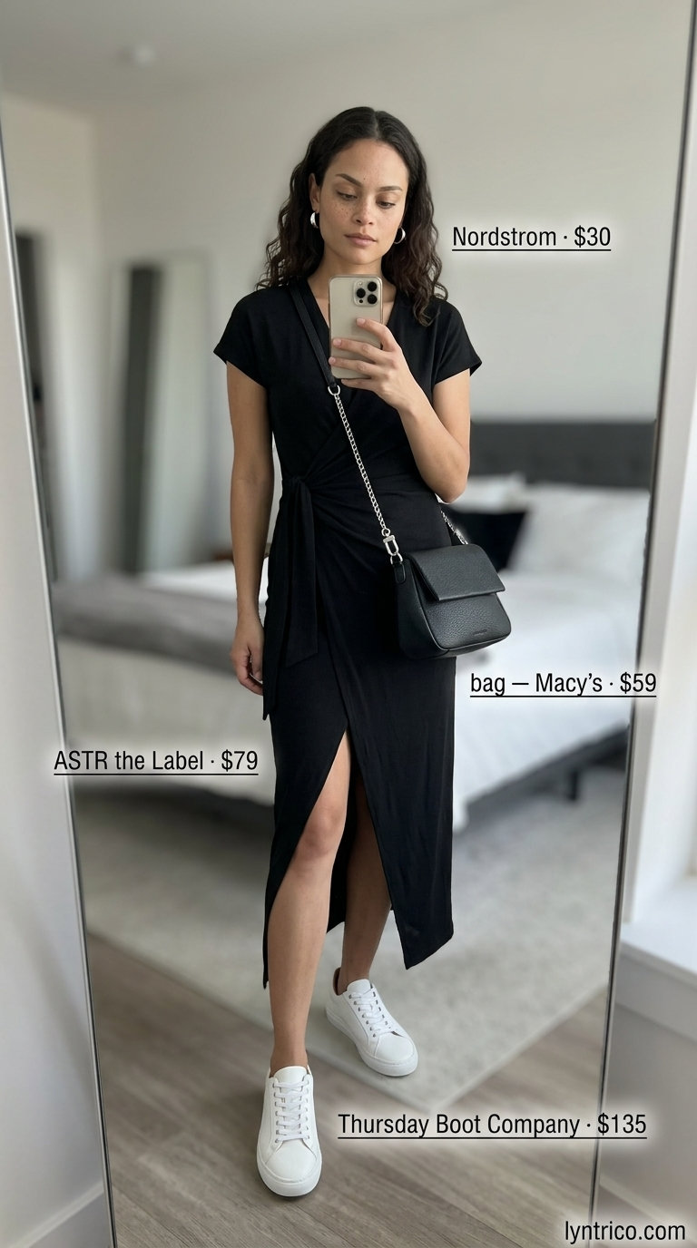 Black jersey midi wrap dress with sneakers for urban chic outfits 2026.