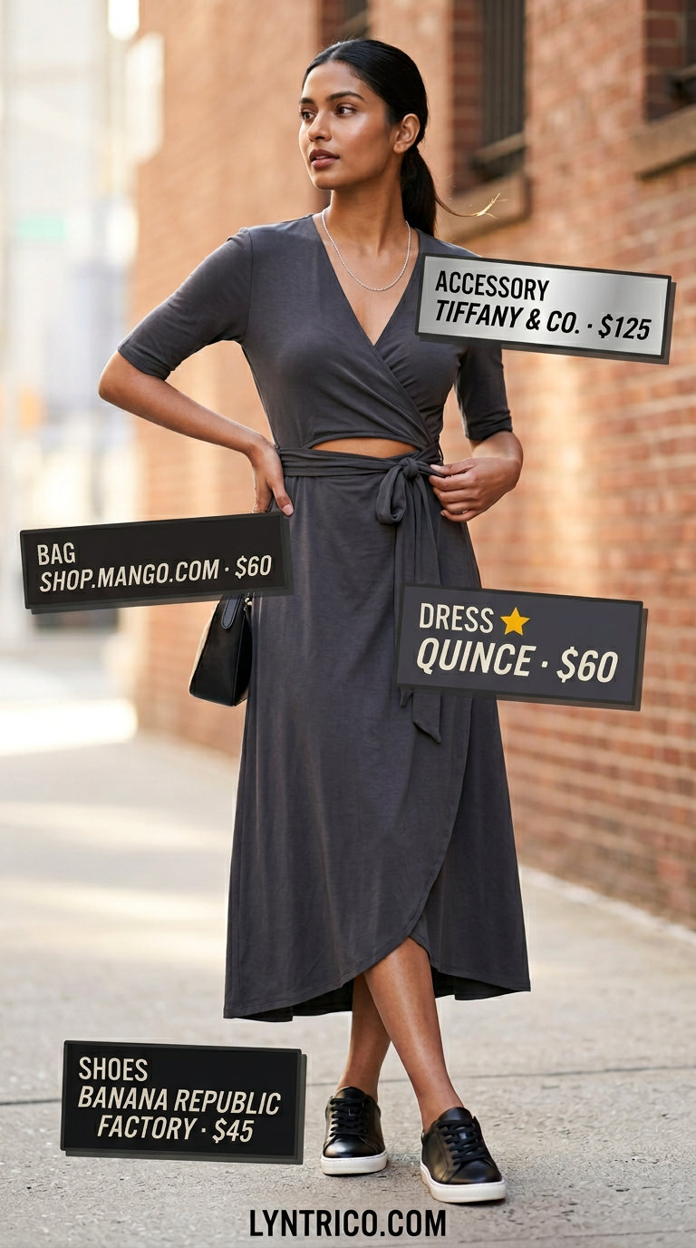 Urban summer midi wrap dress outfits 2026: Charcoal grey dress with fashion sneakers and minimalist crossbody.