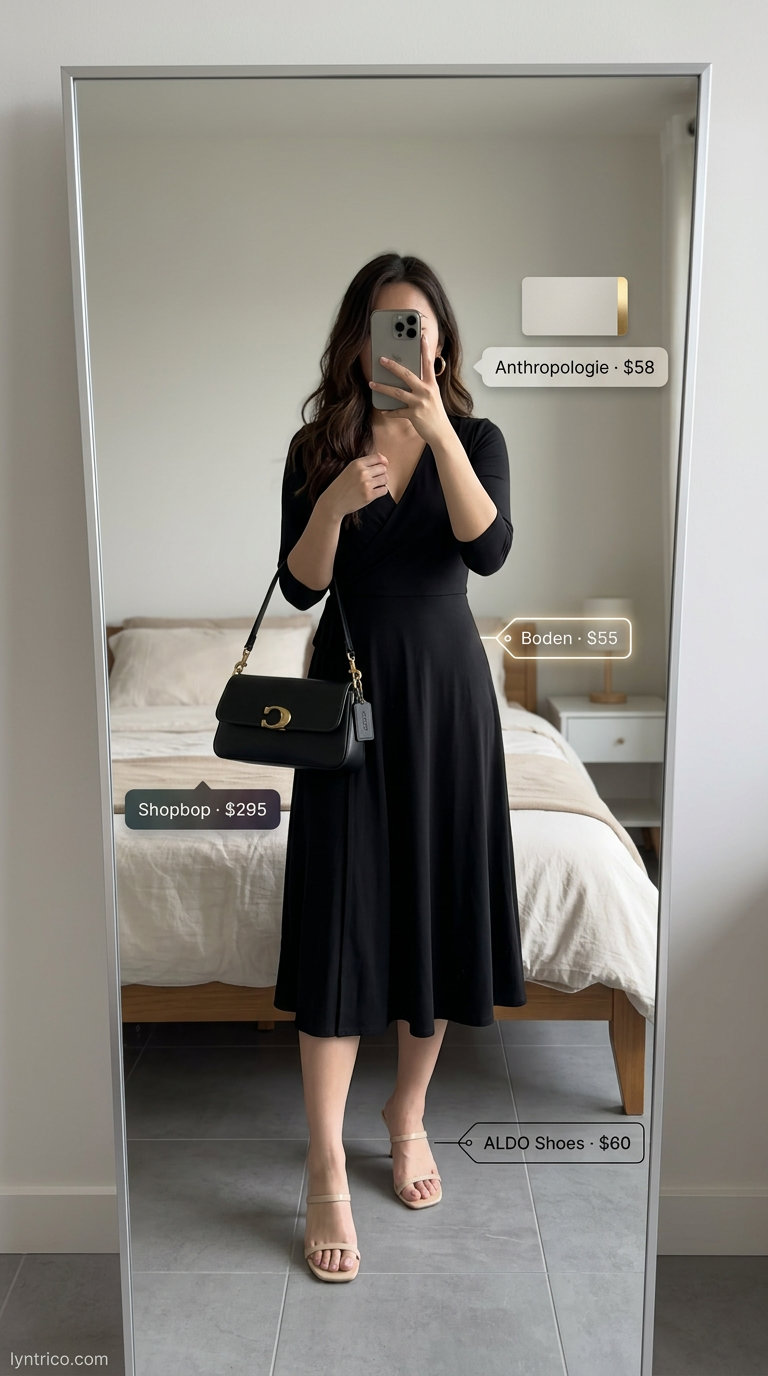 Black midi wrap dress for elegant weekend brunch outfits 2026.