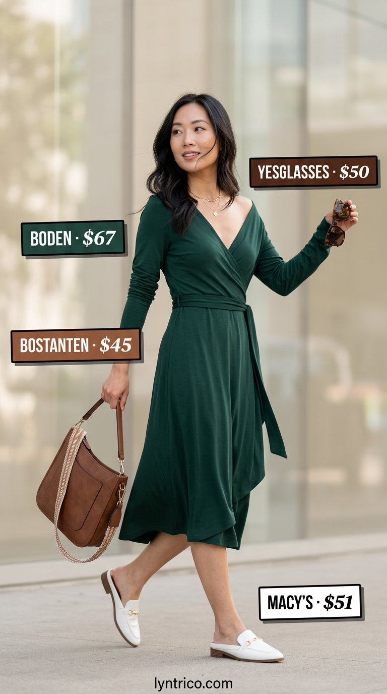 Olive green midi wrap dress outfit for weekend getaway, paired with cream mules and brown crossbody bag.
