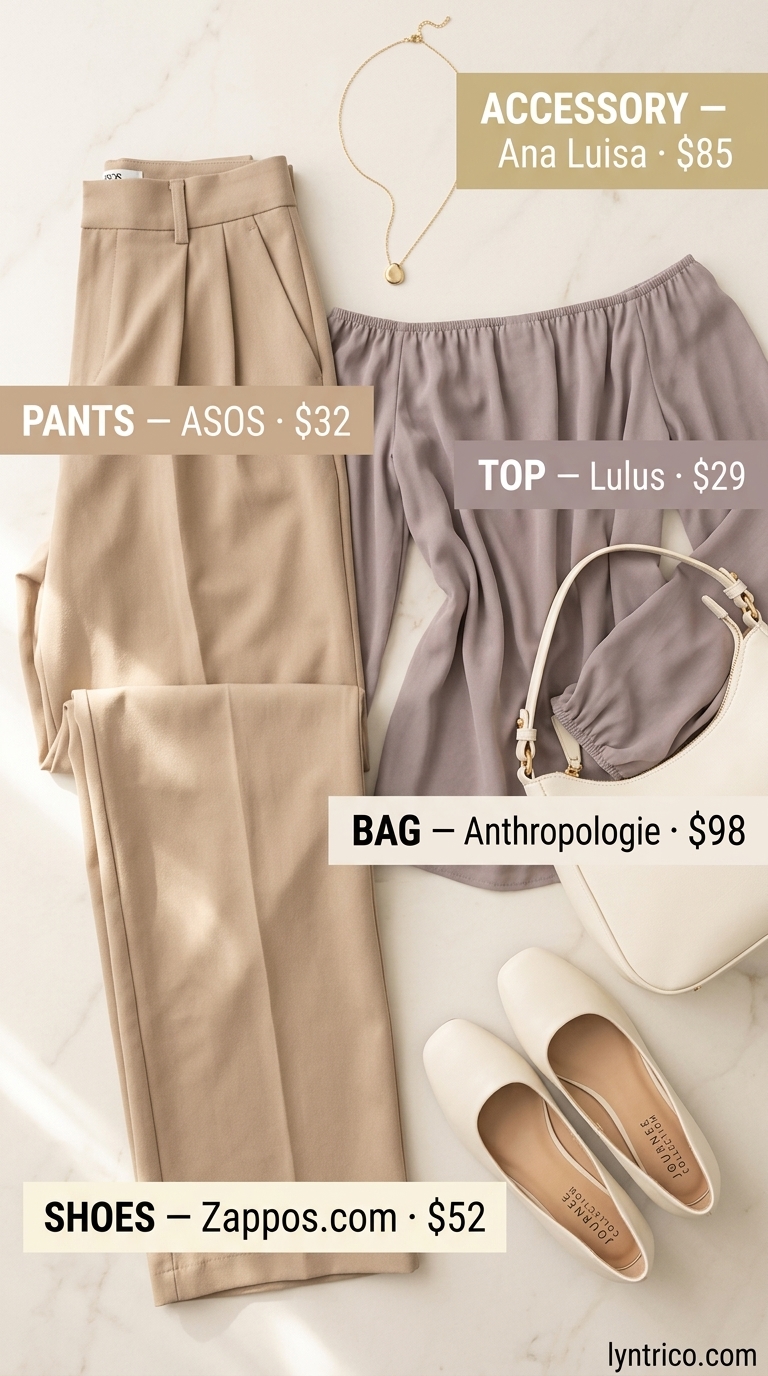 Summer Off Shoulder Tops Outfit 2026: Boardroom to Bistro Style Polished beige off-shoulder knit top with wide-leg trousers for a refined summer off shoulder tops outfit 2026 workday.