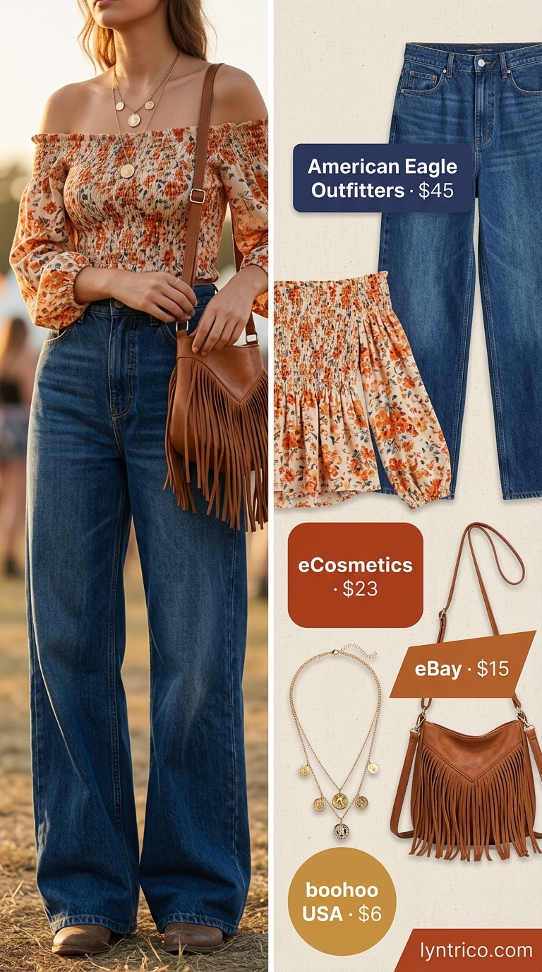 Boho summer off shoulder tops outfit 2026: Rust floral crop top with wide-leg denim jeans for festivals.