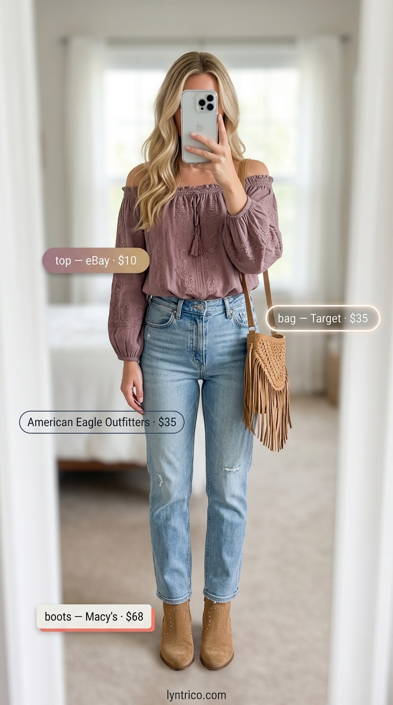 Boho Festival Summer Off Shoulder Tops Outfit 2026 White embroidered off-shoulder blouse with light wash ripped jeans for a boho festival summer off shoulder tops outfit 2026.