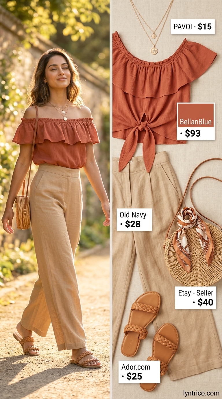 Summer Off Shoulder Tops Outfit 2026: Boho Sunset Wanderer Boho terracotta off-shoulder peasant top with wide-leg pants for a relaxed summer off shoulder tops outfit 2026 beach vacation.