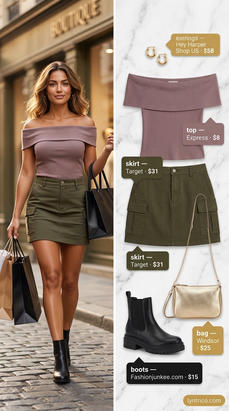 Summer Off Shoulder Tops Outfit 2026: City Safari Edge Edgy olive off-shoulder top with cargo mini skirt for a modern summer off shoulder tops outfit 2026 city exploration.