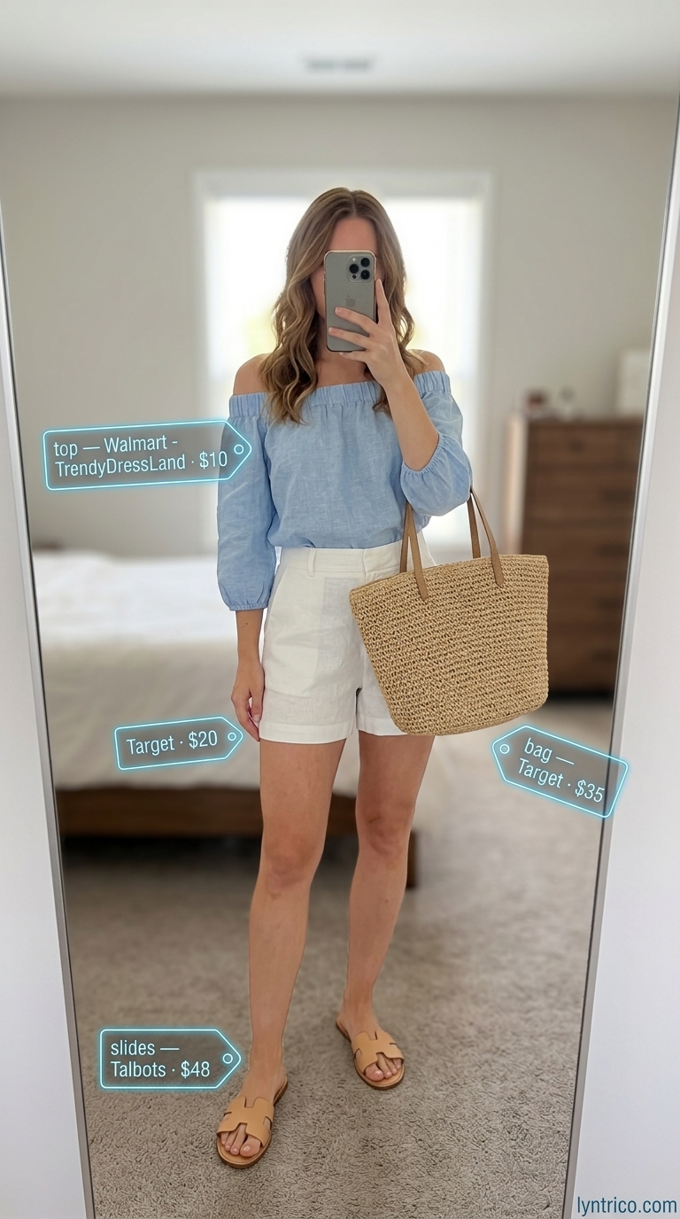 Relaxed Summer Off Shoulder Tops Outfit 2026 Sky blue off-shoulder linen top with white linen shorts for a relaxed summer off shoulder tops outfit 2026.