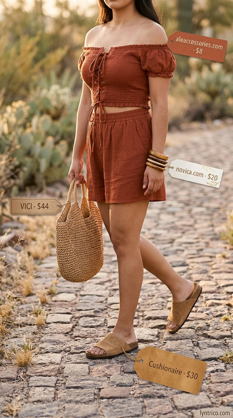 Boho Chic Summer Off Shoulder Tops Outfit 2026 Terracotta off-shoulder smocked crop top with cream maxi skirt for a boho chic summer off shoulder tops outfit 2026.