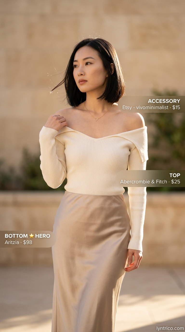 Summer Off Shoulder Tops Outfit 2026: Effortless Elegance Elegant summer off shoulder tops outfit 2026: Beige knit top with satin midi skirt for garden parties.