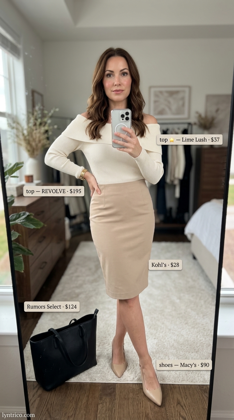 Polished Summer Off Shoulder Tops Outfit 2026 Beige off-shoulder ribbed knit wrap top with black pencil skirt for business casual summer off shoulder tops outfit 2026.