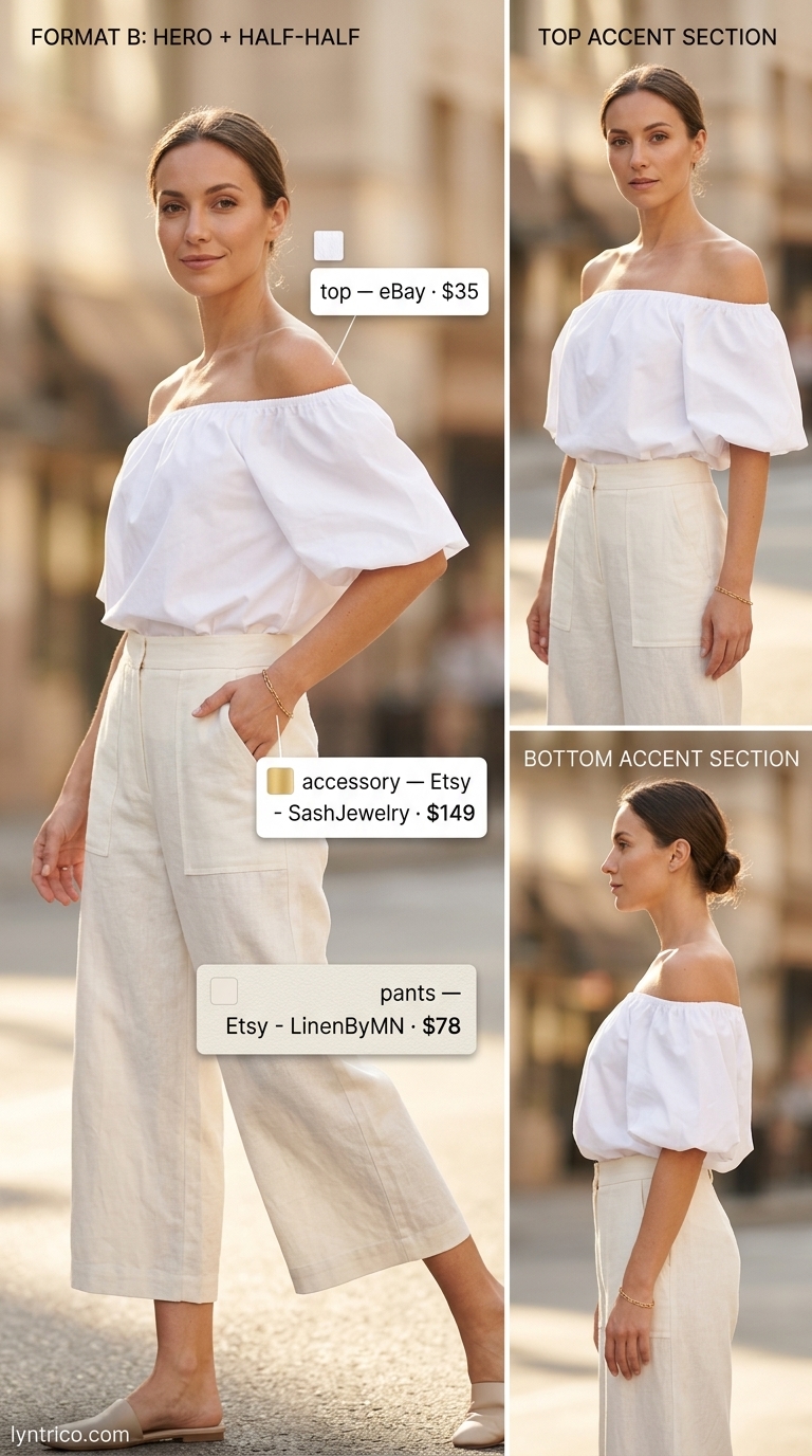 Summer Off Shoulder Tops Outfit 2026: Gallery Opening Chic Minimalist white off-shoulder top with beige culottes for a sophisticated summer off shoulder tops outfit 2026 gallery opening.