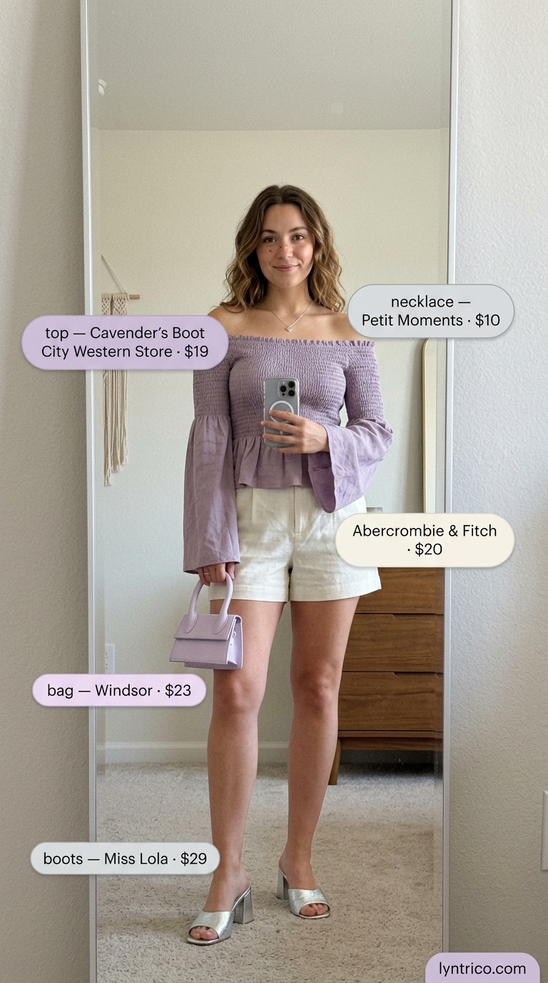 Summer Off Shoulder Tops Outfit 2026: Lavender Brunch Style Chic lavender off-shoulder top with white Bermuda shorts for a trendy summer off shoulder tops outfit 2026 brunch.