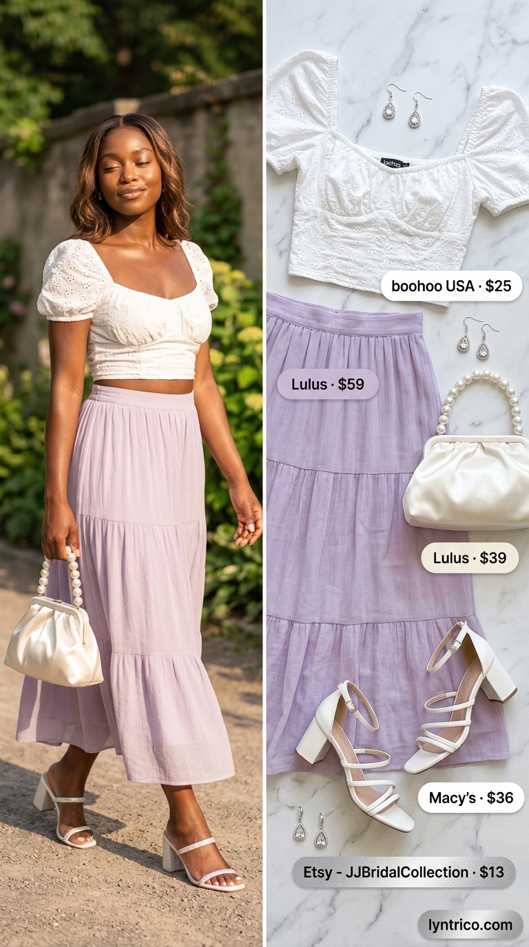 Summer Off Shoulder Tops Outfit 2026: Lavender Dream Date Lavender off-shoulder top with white maxi skirt, perfect for a summer off shoulder tops outfit 2026 date night or garden party.