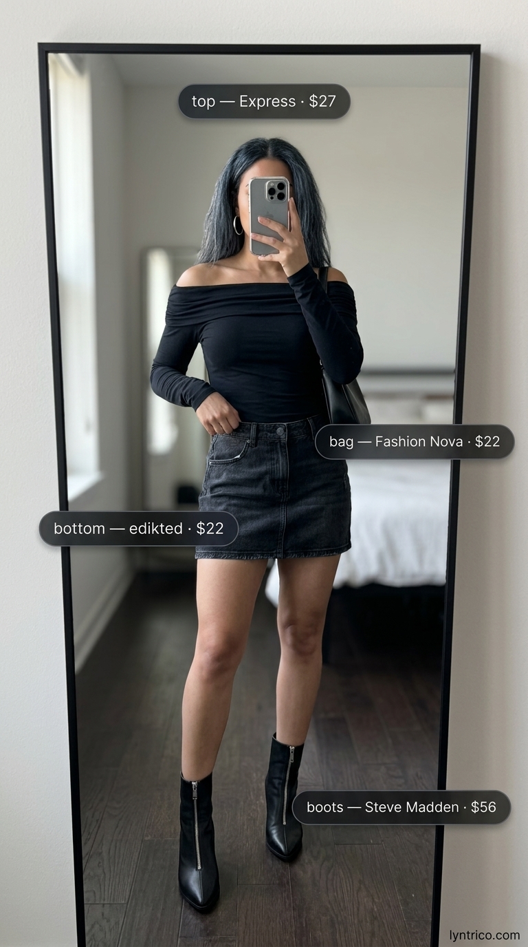 Edgy Summer Off Shoulder Tops Outfit 2026 Black off-shoulder fitted top with dark wash denim mini skirt for an edgy summer off shoulder tops outfit 2026.