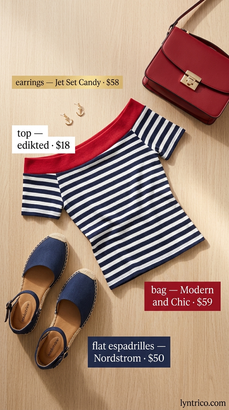 Summer Off Shoulder Tops Outfit 2026: Nautical Club Regatta Classic navy off-shoulder knit top with red A-line mini skirt for a playful summer off shoulder tops outfit 2026 yacht club.
