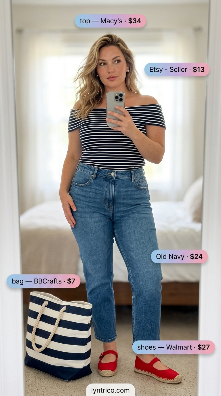 Classic Summer Off Shoulder Tops Outfit 2026 Navy and white striped off-shoulder knit tee with white jeans for a classic summer off shoulder tops outfit 2026.