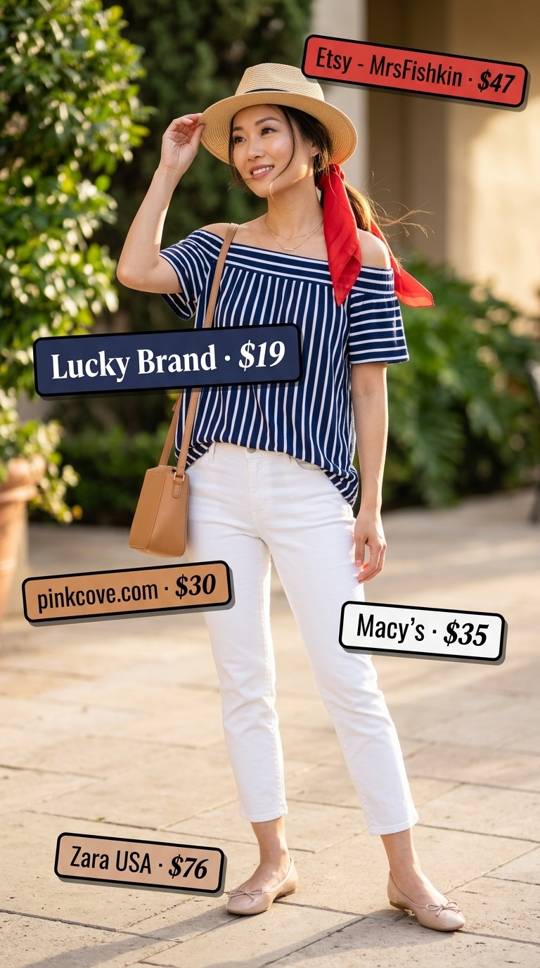 Summer Off Shoulder Tops Outfit 2026: Parisian Chic Chic summer off shoulder tops outfit 2026: Navy stripe top, white pants, red flats, and polka dot scarf for cafe visits.