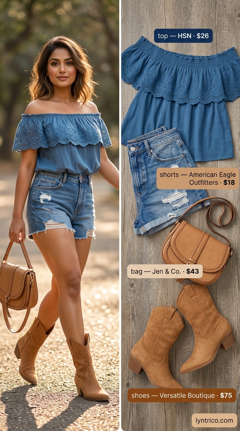 Summer Off Shoulder Tops Outfit 2026: Ranch Rendezvous Style Playful ocean blue off-shoulder peasant top with distressed denim shorts for a rustic summer off shoulder tops outfit 2026.