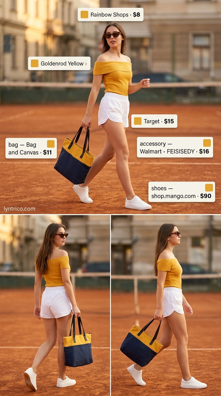 Summer Off Shoulder Tops Outfit 2026: Retro Trackside Chic Energetic goldenrod yellow off-shoulder top with track shorts for a retro summer off shoulder tops outfit 2026 day out.