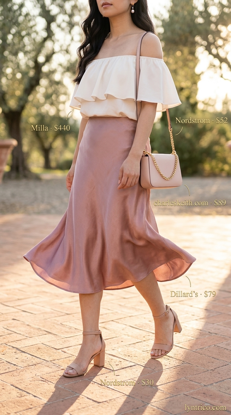 Romantic Summer Off Shoulder Tops Outfit 2026 Dusty rose off-shoulder silk blend top with cream satin midi skirt outfit for summer off shoulder tops outfit 2026.