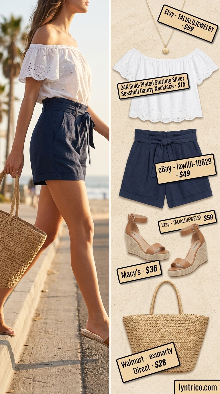 Summer Off Shoulder Tops Outfit 2026: Seaside Serenity Coastal summer off shoulder tops outfit 2026: White eyelet top with navy linen shorts for beach days.