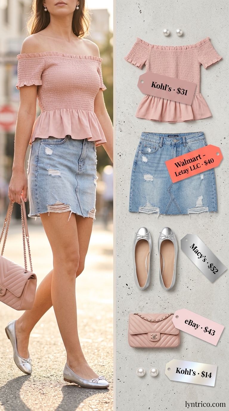 Summer Off Shoulder Tops Outfit 2026: Sweet Rendezvous Feminine summer off shoulder tops outfit 2026: Blush pink ruffled top with white denim mini skirt for dates.