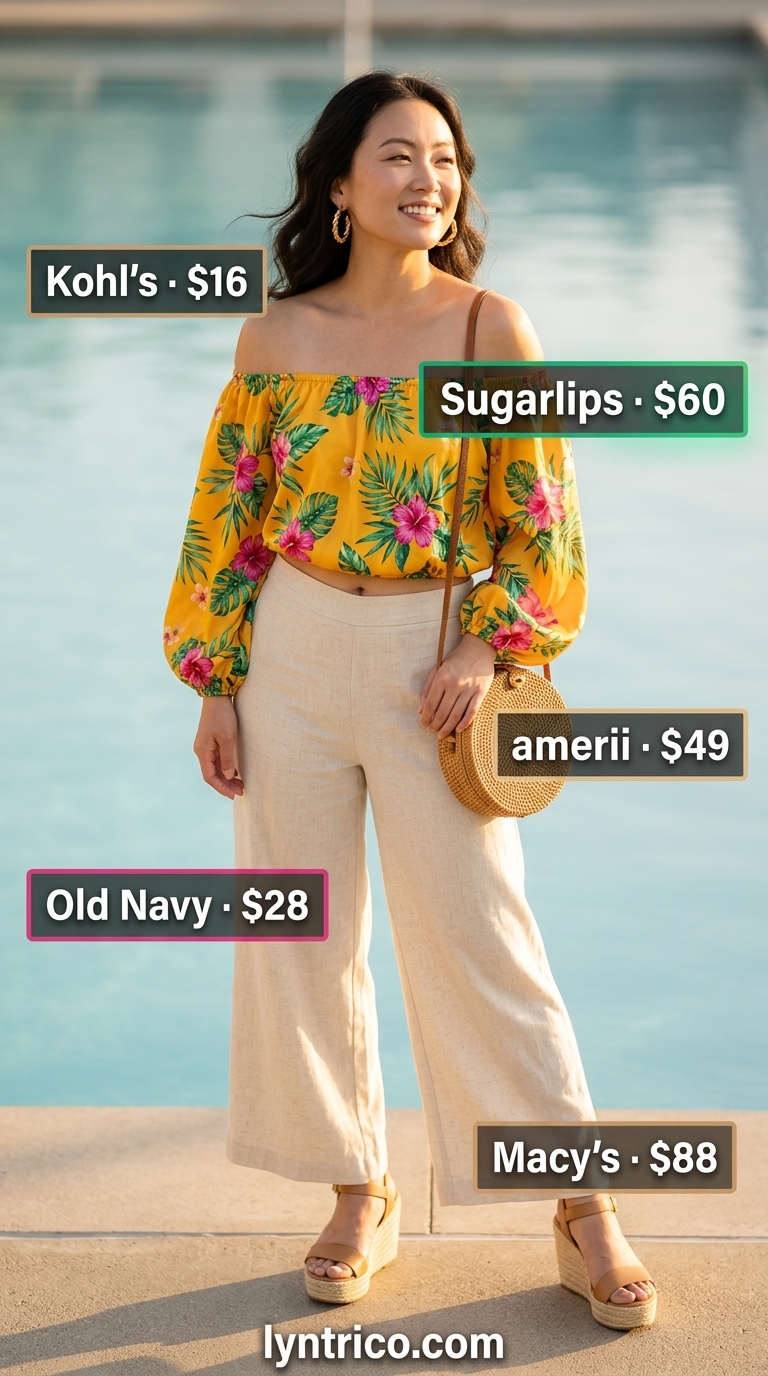 Vibrant Summer Off Shoulder Tops Outfit 2026 Tropical print off-shoulder top with white linen pants for a vibrant summer off shoulder tops outfit 2026.
