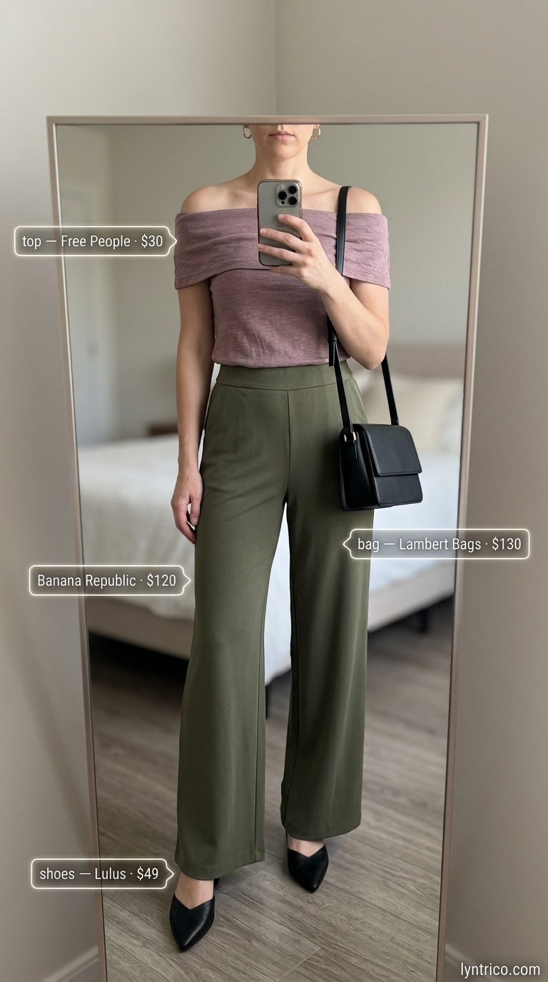 Summer Off Shoulder Tops Outfit 2026: Urban Garden Soiree Modern summer off shoulder tops outfit 2026: Black ribbed top with olive green wide-leg trousers for rooftop drinks.