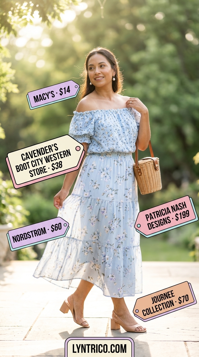 Summer Off Shoulder Tops Outfit 2026: Garden Party Whimsical summer off shoulder tops outfit 2026: Light blue floral top with tiered maxi skirt for garden parties.
