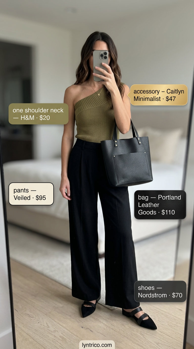 Olive green one-shoulder knit top with wide-leg trousers for chic summer One Shoulder Neck outfits for women 2026.