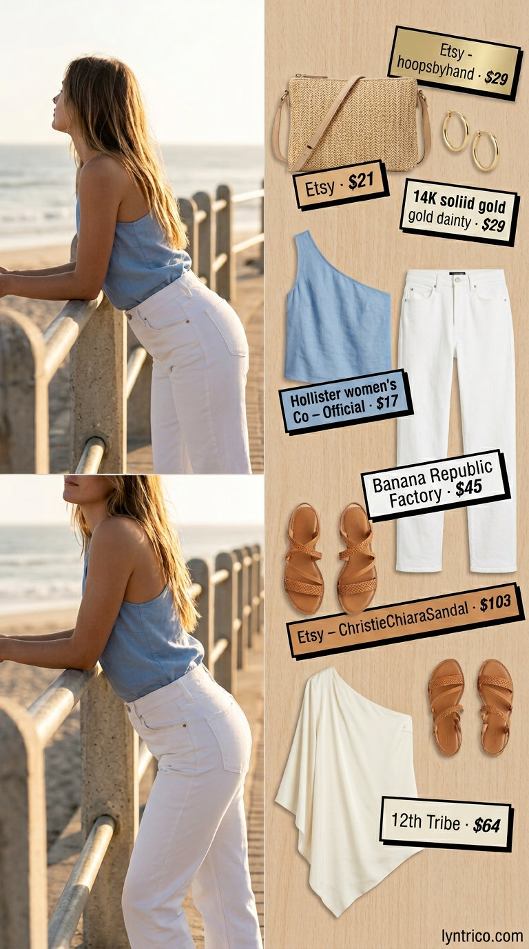 Sky blue one shoulder neck top with white jeans for casual summer outfits 2026.