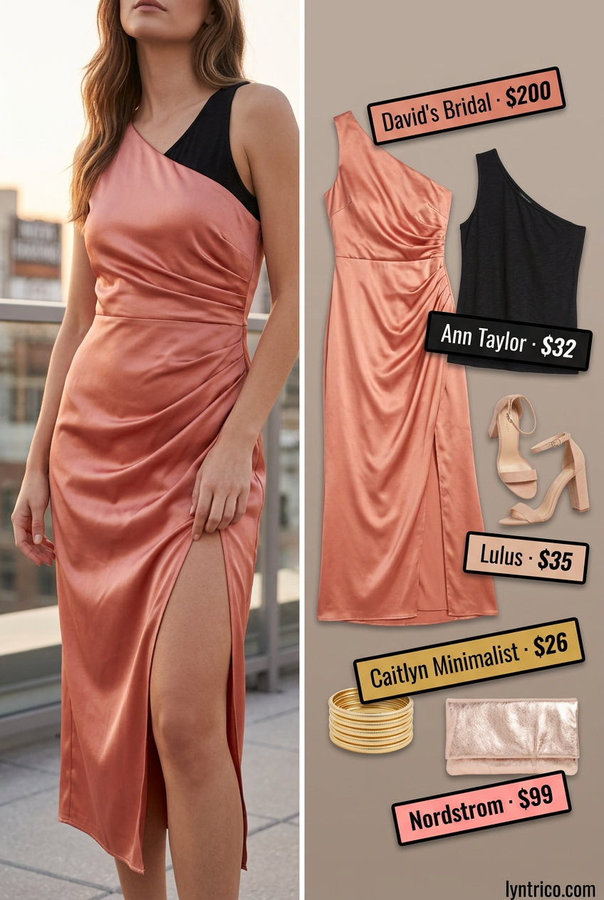 Vibrant coral one-shoulder maxi dress for an elegant summer evening event. Summer One Shoulder Neck outfits for women 2026.