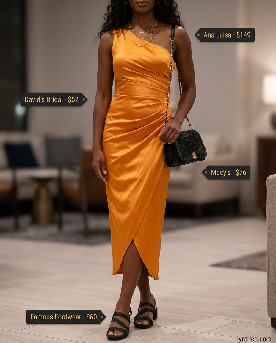 Marigold orange one shoulder neck midi dress for date night outfits 2026.